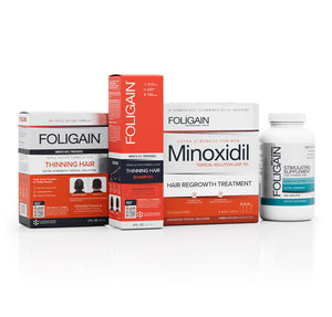 FOLIGAIN men’s hair care kit with shampoo, topical treatment, minoxidil and a hair supplement.