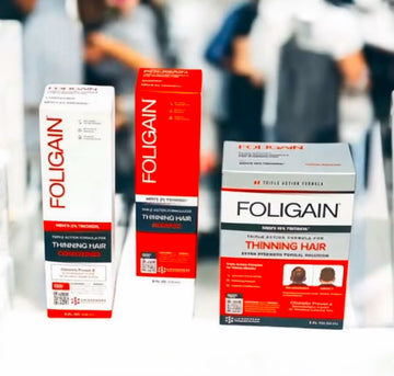 橘白色包裝盒中的FOLIGAIN男用TRIOXIDIL洗髮精、潤髮乳與外用護理產品。