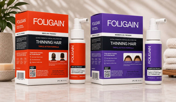FOLIGAIN男用與女用10% TRIOXIDIL外用護理產品瓶及包裝盒。