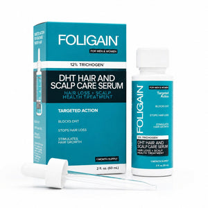 含12% TRICHOGEN的FOLIGAIN DHT頭髮與頭皮護理精華液，60 mL瓶、包裝盒與滴管。
